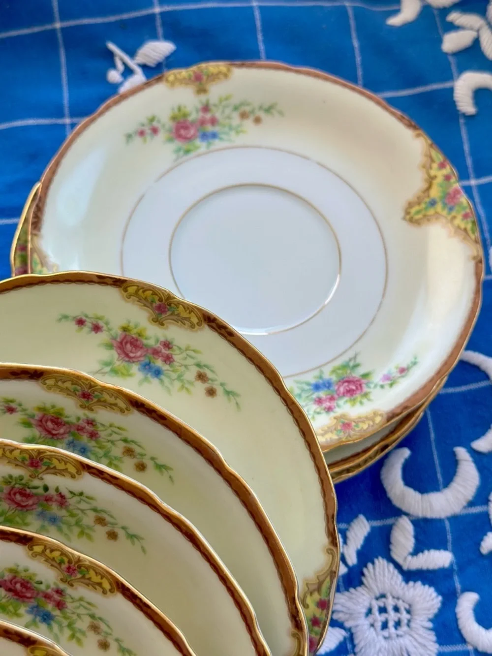 5 Vintage Floral Romantic China Saucer Plates Clarissa Rimmed Gold Germany